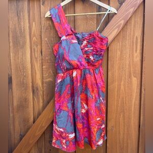 One Shoulder Draped Grecian Ruched A-line Modern Abstract Print Cocktail Dress